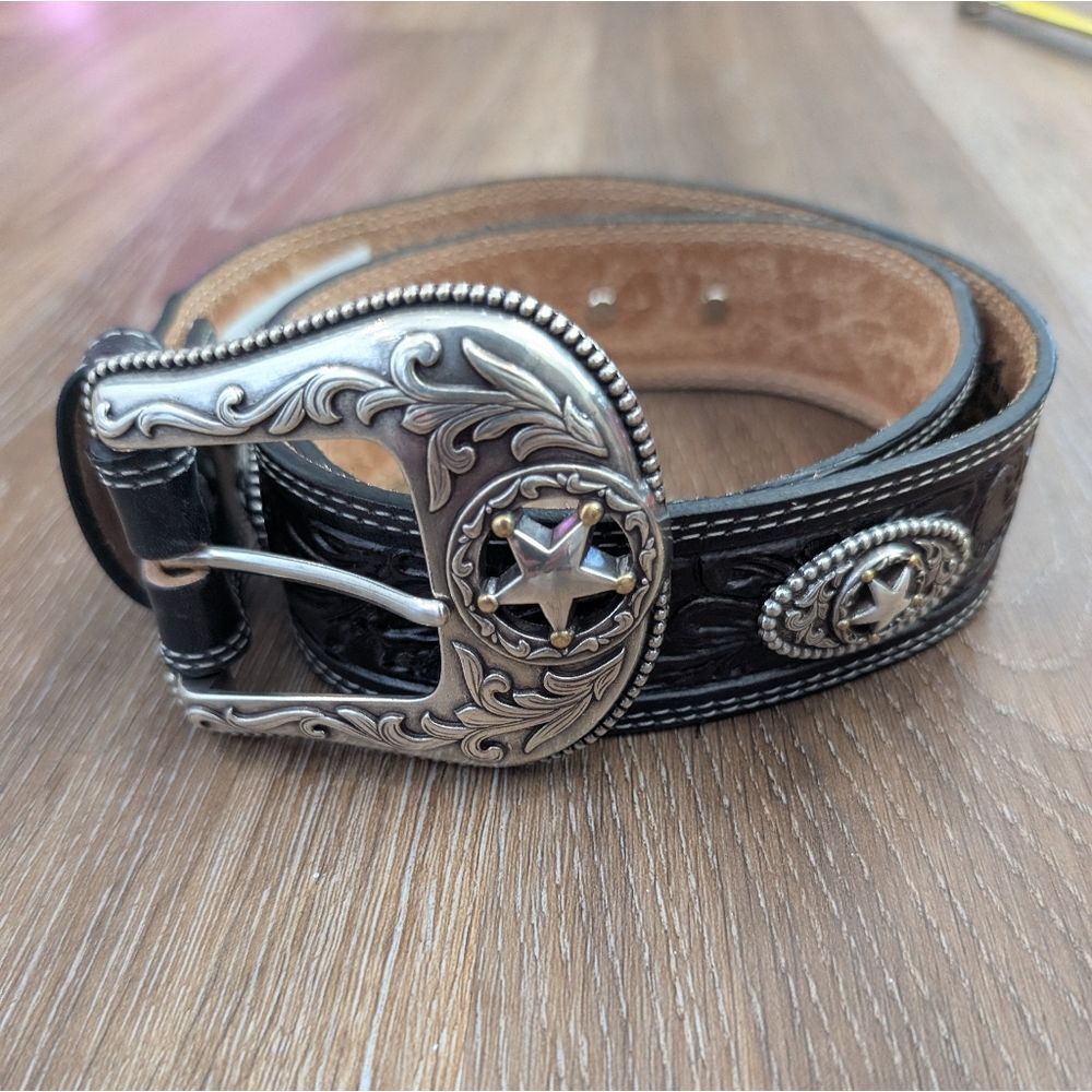 Justin 5 Star Ranch Concho Black Tooled Leather Belt Sz 34